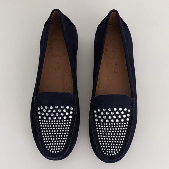 Wirth Navy Blue Suede Rhinestone Loafers Moccasins Flats Women's 8 - Picture 2 of 10